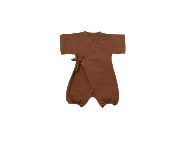 Salopeta petrecuta din muselina, BabyCosy, 100% bumbac organic, Caramiziu (Marime: 9-12 luni)