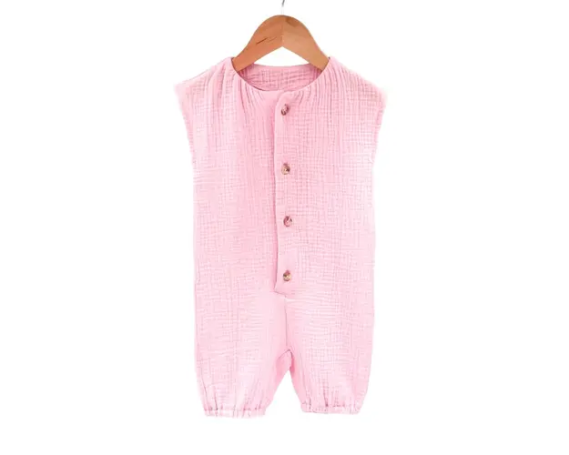 Salopeta scurta de vara pentru copii, din muselina, Magic Pink, 6-12 luni