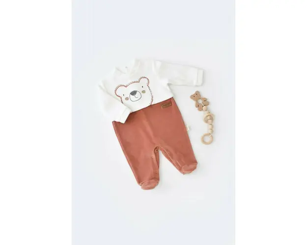 Salopeta Ursulet cu maneca lunga si botosei din 80%bumbac organic si 20% poliester - Caramiziu, BabyCosy (Marime: 6-9 luni)
