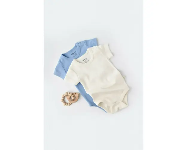 Set 2 body-uri bebe unisex -100% bumbac organic - Ecru/Bleu, BabyCosy (Marime: 12-18 Luni)