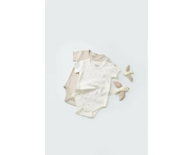 Set 2 body-uri bebe unisex -100% bumbac organic - Ecru cu buline, BabyCosy (Marime: 0-3 Luni)
