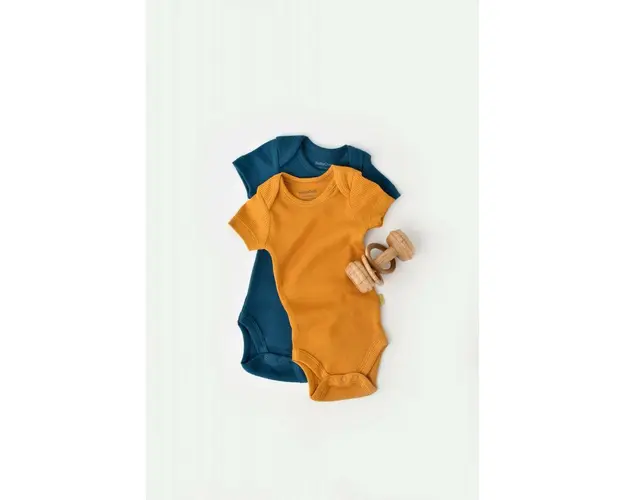 Set 2 body-uri bebe unisex din bumbac organic si modal - Bleumarin/Sofran, BabyCosy (Marime: 0-3 Luni)