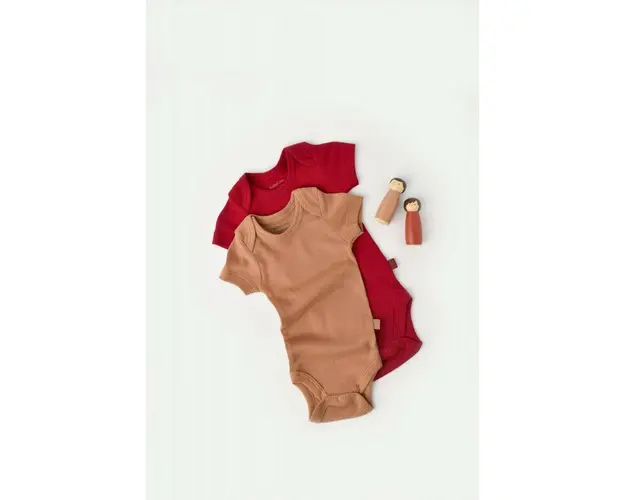 Set 2 body-uri bebe unisex din bumbac organic si modal - Maro/Rosu, BabyCosy (Marime: 3-6 Luni)