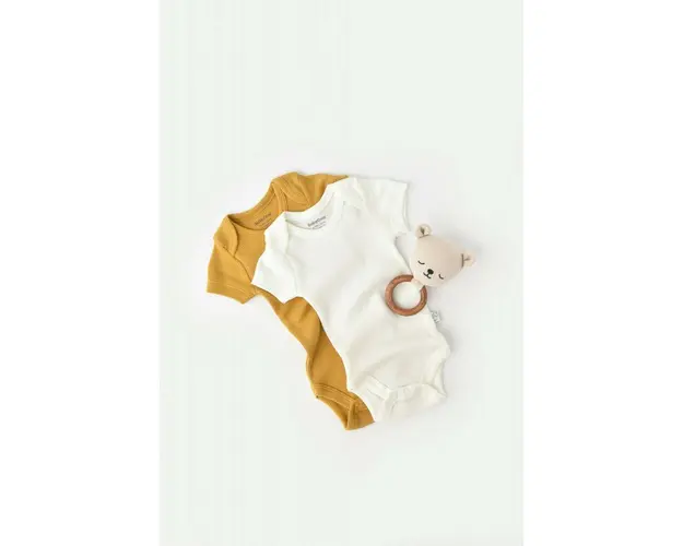 Set 2 body-uri bebe unisex din bumbac organic si modal - Mustar/Ecru, BabyCosy (Marime: 18-24 Luni)