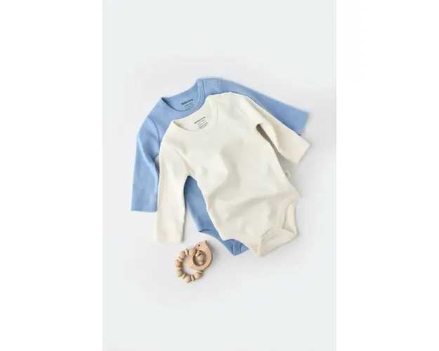Set 2 body-uri cu maneca lunga bebe unisex -100% bumbac organic - Ecru/Bleu, BabyCosy (Marime: 18-24 Luni)