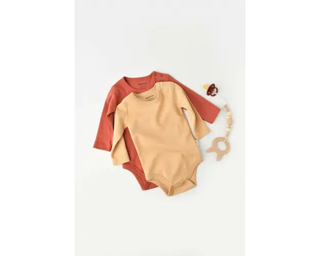 Set 2 body-uri cu maneca lunga bebe unisex -100% bumbac organic - Mustar/Scortisoara, BabyCosy (Marime: 6-9 luni)