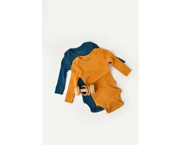 Set 2 body-uri cu maneca lunga bebe unisex din bumbac organic si modal - Bleumarin/Sofran, BabyCosy (Marime: 3-6 Luni)