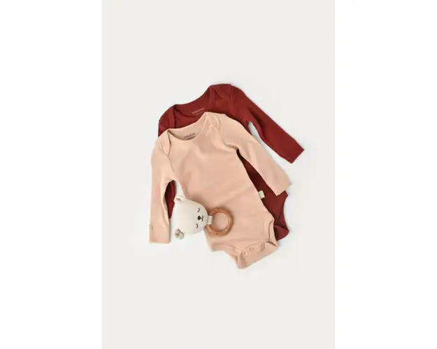 Set 2 body-uri cu maneca lunga bebe unisex din bumbac organic si modal - Caramiziu/Somon, BabyCosy (Marime: 3-6 Luni)