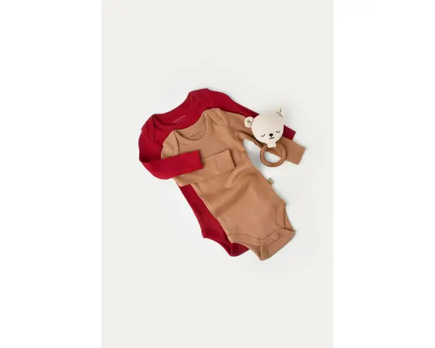 Set 2 body-uri cu maneca lunga bebe unisex din bumbac organic si modal - Maro/Rosu, BabyCosy (Marime: 0-3 Luni)