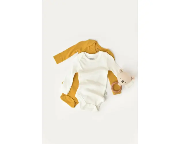 Set 2 body-uri cu maneca lunga bebe unisex din bumbac organic si modal - Mustar/Ecru, BabyCosy (Marime: 0-3 Luni)