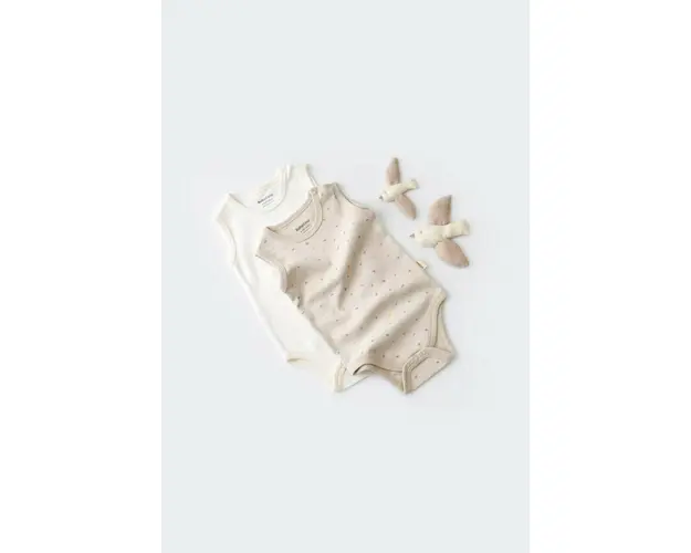 Set 2 body-uri fara maneci bebe unisex -100% bumbac organic - Crem cu buline, BabyCosy (Marime: 0-3 Luni)