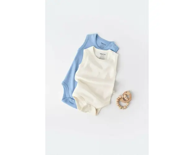 Set 2 body-uri fara maneci bebe unisex -100% bumbac organic - Ecru/Bleu, BabyCosy (Marime: 9-12 luni)