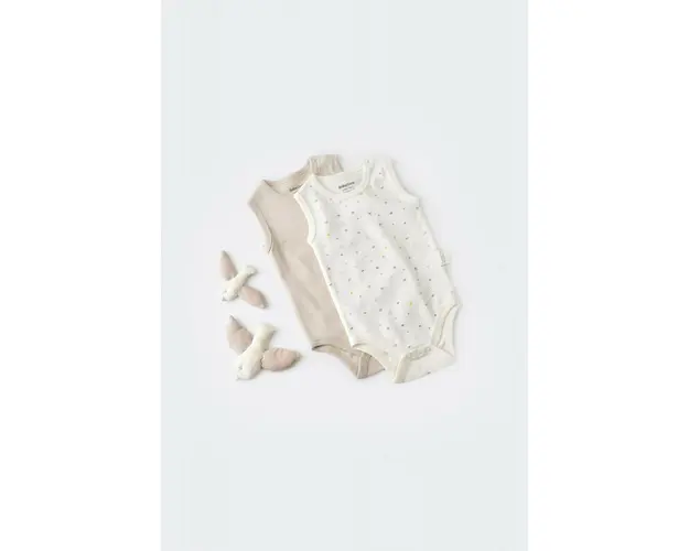 Set 2 body-uri fara maneci bebe unisex -100% bumbac organic - Ecru cu buline, BabyCosy (Marime: 18-24 Luni)