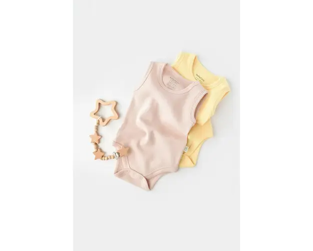 Set 2 body-uri fara maneci bebe unisex -100% bumbac organic - Galben/Roz, BabyCosy (Marime: 12-18 Luni)