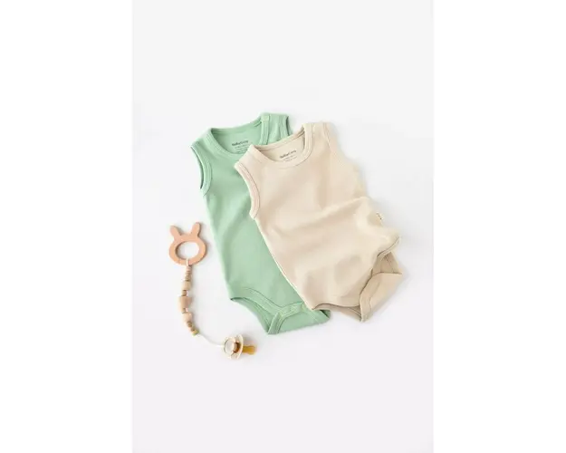 Set 2 body-uri fara maneci bebe unisex -100% bumbac organic - Mint/Stone, BabyCosy (Marime: 6-9 luni)