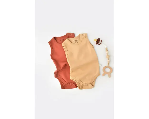 Set 2 body-uri fara maneci bebe unisex -100% bumbac organic - Mustar/ Scortisoara, BabyCosy (Marime: 3-6 Luni)