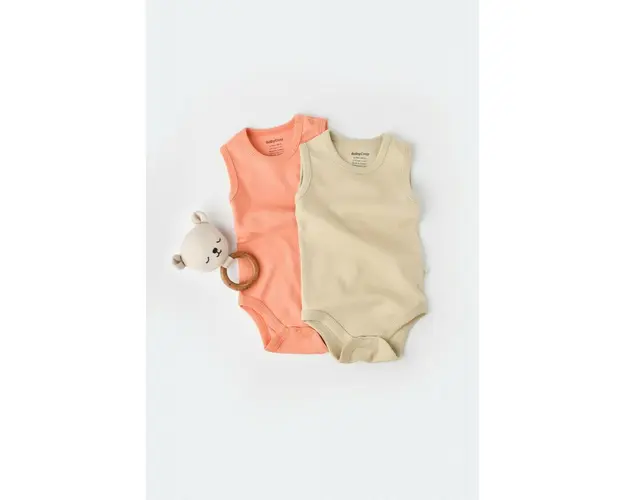 Set 2 body-uri fara maneci bebe unisex -100% bumbac organic - Roz/Crem, BabyCosy (Marime: 6-9 luni)