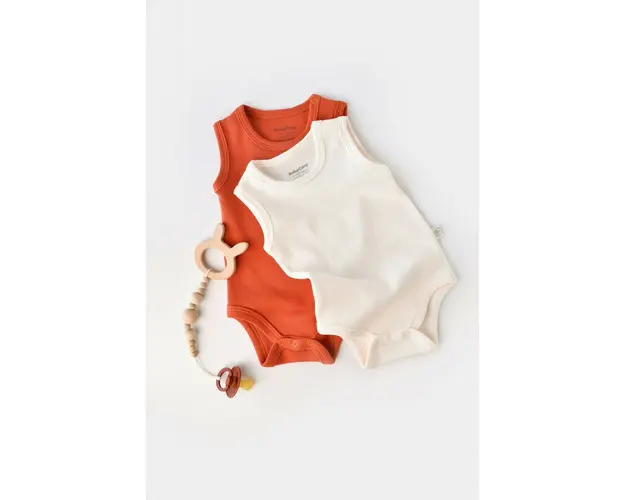 Set 2 body-uri fara maneci bebe unisex -100% bumbac organic -Scortisoara/Ecru, BabyCosy (Marime: 3-6 Luni)