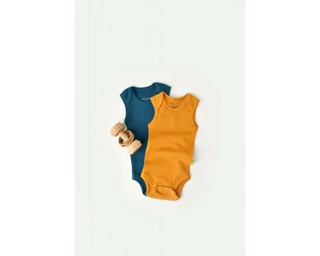 Set 2 body-uri fara maneci bebe unisex din bumbac organic si modal - Bleumarin/Sofran, BabyCosy (Marime: 6-9 luni)