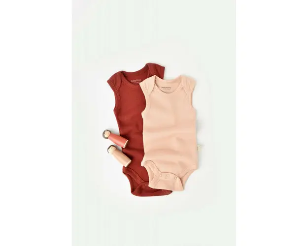 Set 2 body-uri fara maneci bebe unisex din bumbac organic si modal - Caramiziu/Somon, BabyCosy (Marime: 6-9 luni)