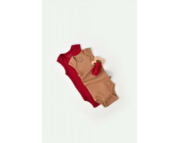 Set 2 body-uri fara maneci bebe unisex din bumbac organic si modal - Maro/Rosu, BabyCosy (Marime: 18-24 Luni)
