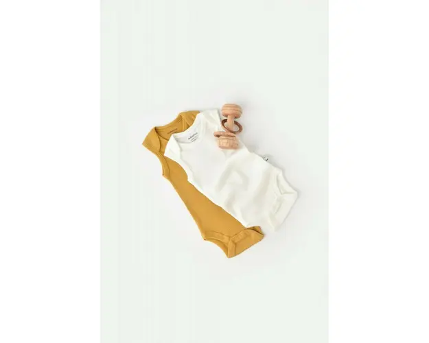 Set 2 body-uri fara maneci bebe unisex din bumbac organic si modal - Mustar/Ecru, BabyCosy (Marime: 12-18 Luni)