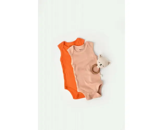 Set 2 body-uri fara maneci bebe unisex din bumbac organic si modal - Rodie/Piersica, BabyCosy (Marime: 0-3 Luni)