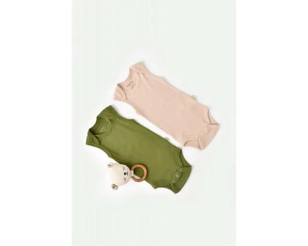 Set 2 body-uri fara maneci bebe unisex din bumbac organic si modal - Verde/Blush, BabyCosy (Marime: 0-3 Luni)