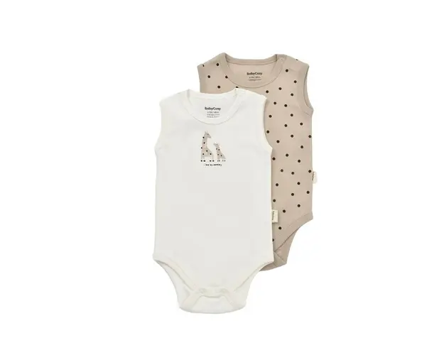 Set 2 body-uri fara maneci bebe unisex Girafa, BabyCosy, 100% bumbac organic (Marime: 6-9 luni)