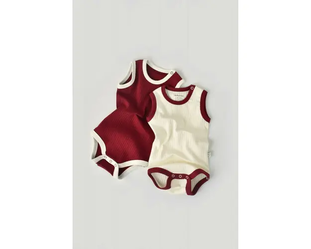 Set 2 body-uri fara maneci Ribana Bebe Unisex din bumbac organic si 5%elastan - Ecru/Bordo BabyCosy (Marime: 3-6 Luni)