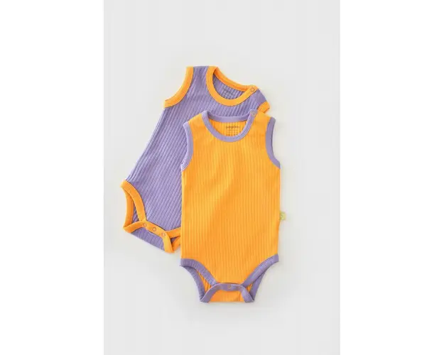 Set 2 body-uri fara maneci Ribana Bebe Unisex din bumbac organic si 5%elastan - Galben/Mov BabyCosy (Marime: 9-12 luni)