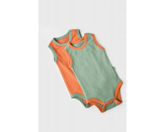 Set 2 body-uri fara maneci Ribana Bebe Unisex din bumbac organic si 5%elastan - Portocaliu/Verde BabyCosy (Marime: 18-24 Luni)