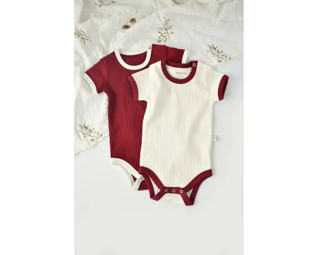 Set 2 body-uri Ribana Bebe Unisex din bumbac organic si 5%elastan - Ecru/Bordo, BabyCosy (Marime: 12-18 Luni)