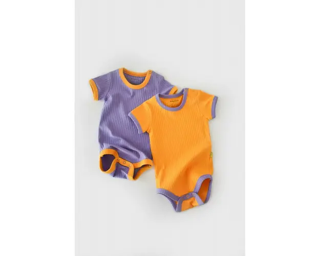 Set 2 body-uri Ribana Bebe Unisex din bumbac organic si 5%elastan - Galben/Mov BabyCosy (Marime: 18-24 Luni)