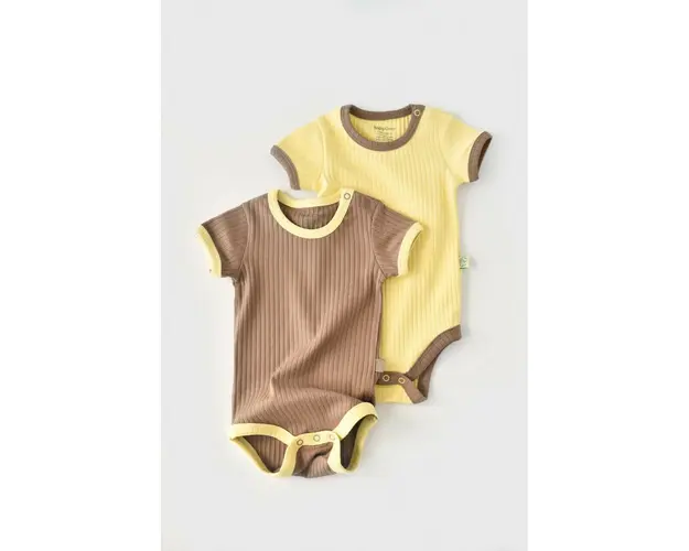 Set 2 body-uri Ribana Bebe Unisex din bumbac organic si 5%elastan - Vanilie/Maro BabyCosy (Marime: 9-12 luni)