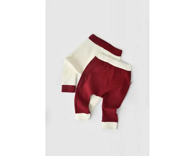 Set 2 pantaloni Ribana Bebe Unisex din bumbac organic si 5%elastan - Ecru/Bordo, BabyCosy (Marime: 18-24 Luni)