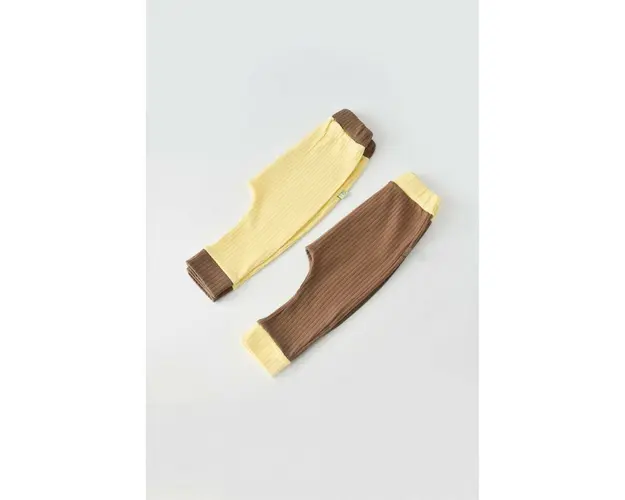 Set 2 pantaloni Ribana Bebe Unisex din bumbac organic si 5%elastan - Vanilie/Maro BabyCosy (Marime: 12-18 Luni)