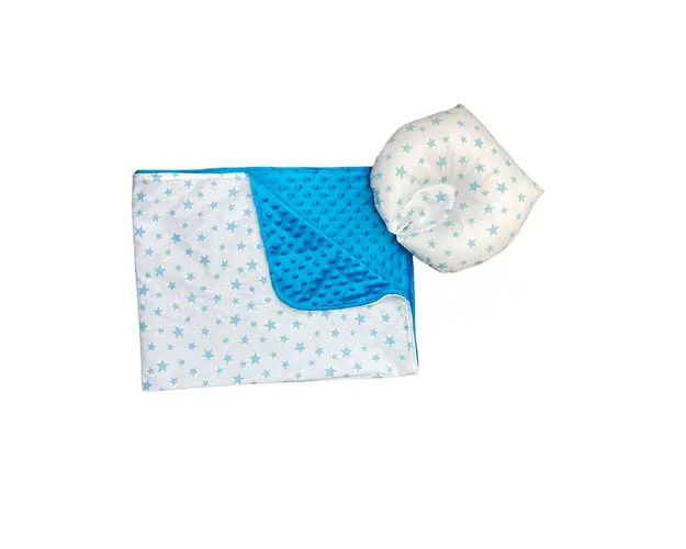 Set 2 piese Paturica dubla de iarna 90x70 cm cu perna formare cap Deseda Minky albastru - Stelute albastre pe alb