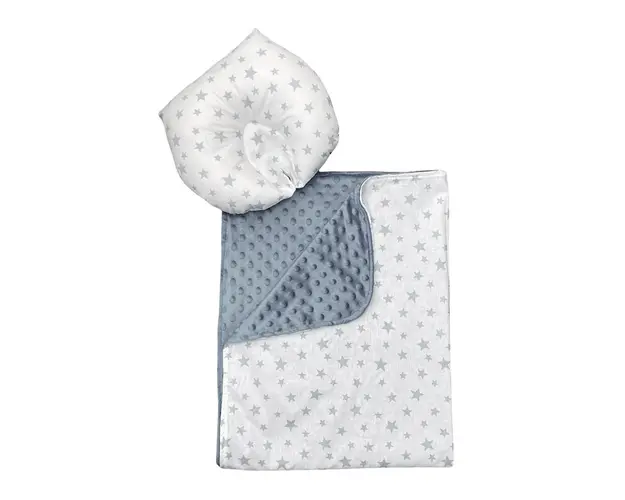Set 2 piese Paturica dubla de iarna 90x70 cm cu perna formare cap Deseda Minky gri - Stelute gri pe alb