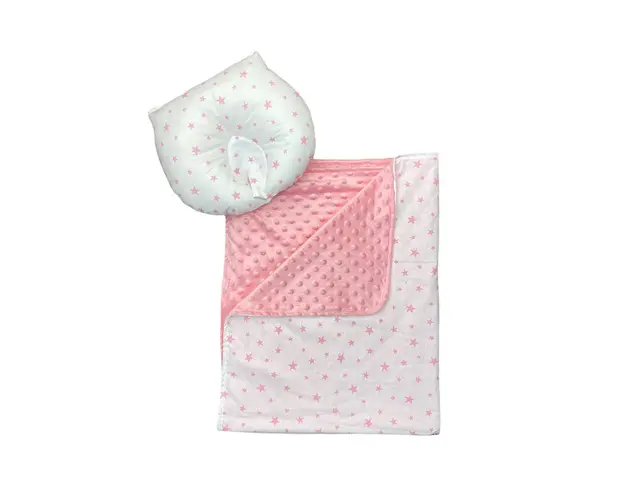 Set 2 piese Paturica dubla de iarna 90x70 cm cu perna formare cap Deseda Minky roz - Stelute roz pe alb