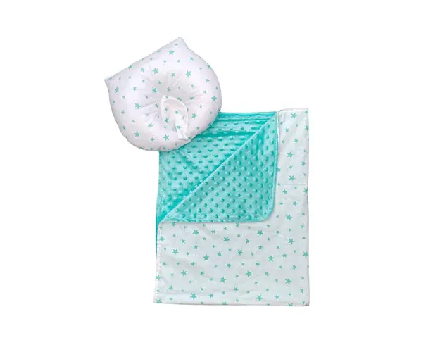 Set 2 piese Paturica dubla de iarna 90x70 cm cu perna formare cap Deseda Minky verde menta - Stelute verde menta pe alb