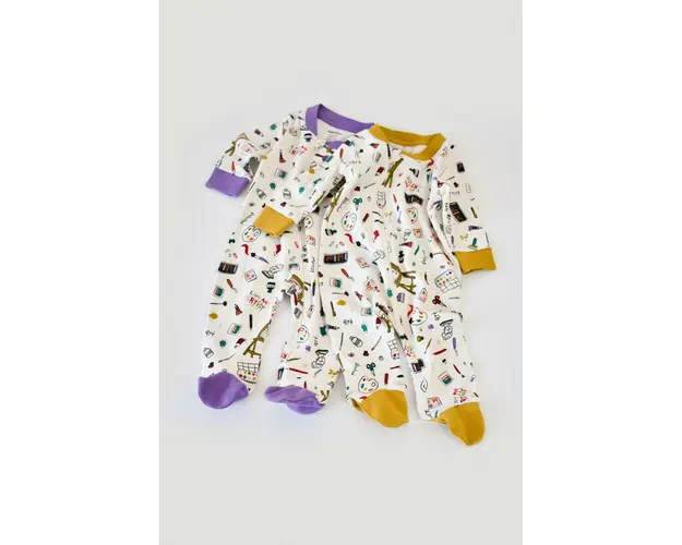 Set 2 salopetele cu maneca lunga si pantaloni cu botosei si fermoar - 100%bumbac organic - Galben si Mov, BabyCosy (Marime: 9-12 luni)