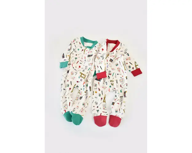 Set 2 salopetele cu maneca lunga si pantaloni cu botosei si fermoar - 100%bumbac organic - Rosu si verde, BabyCosy (Marime: 9-12 luni)