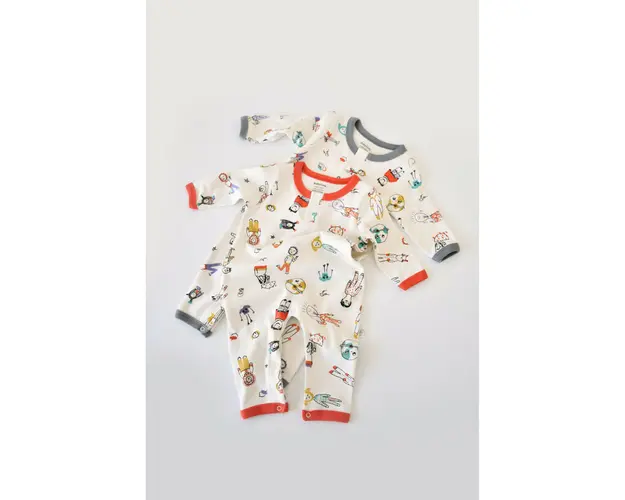Set 2 salopetele cu maneca lunga si pantaloni lungi - 100%bumbac organic - Rosu si Gri, BabyCosy (Marime: 18-24 Luni)