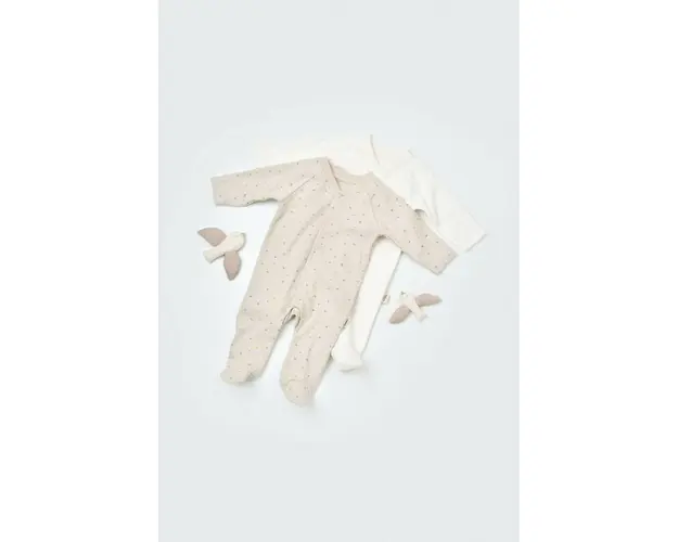 Set 2 salopetele cu maneca lunga si pantaloni lungi cu botosei - 100%bumbac organic - Crem cu buline, BabyCosy (Marime: 6-9 luni)