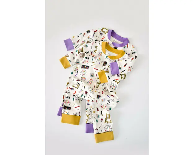 Set 2 salopetele cu maneca lunga si pantaloni lungi cu fermoar - 100%bumbac organic - Galben si Mov, BabyCosy (Marime: 9-12 luni)