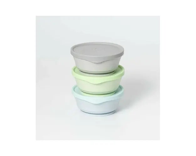 Set 3 boluri cu capac hrana bebelusi Miniware, 100% din materiale naturale biodegradabile, Aqua+Grey+Keylime