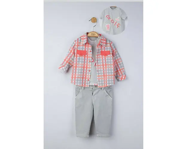 Set 3 piese: blugi, tricou si camasa in carouri pentru bebelusi, Tongs baby (Culoare: Gri, Marime: 6-9 luni)