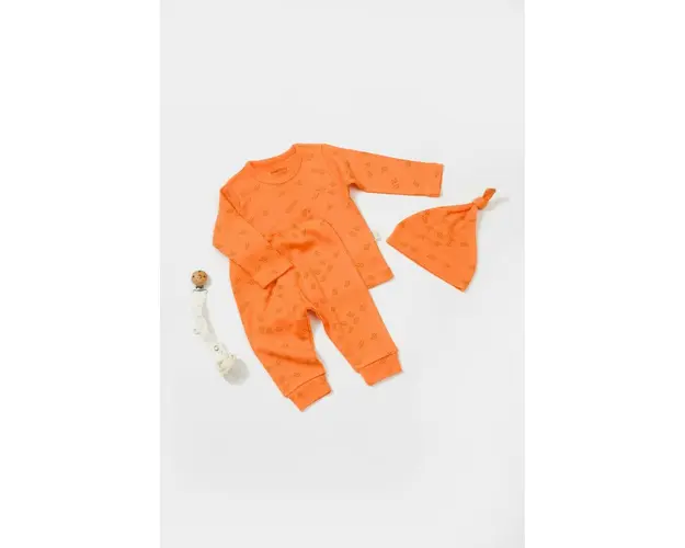 Set 3 piese:bluza, pantaloni si caciulita Printed, BabyCosy, 50% modal+50% bumbac, Apricot (Marime: 3-6 Luni)
