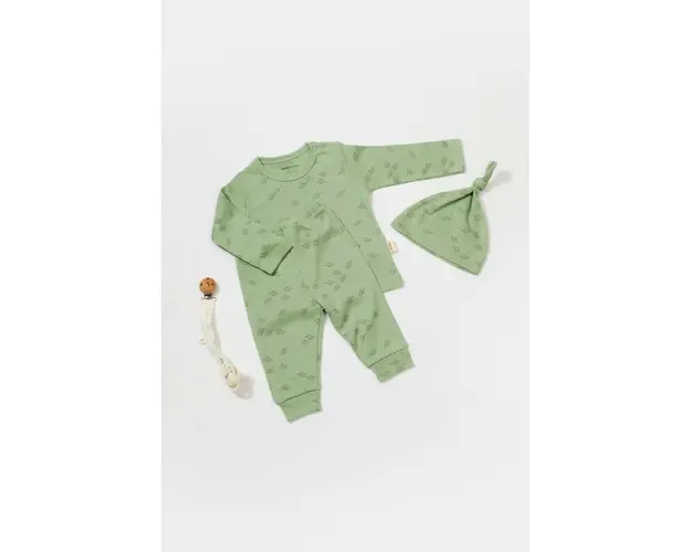 Set 3 piese:bluza, pantaloni si caciulita Printed, BabyCosy, 50% modal+50% bumbac, Verde (Marime: 6-9 luni)